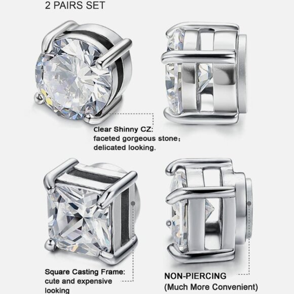 2 Pair 6MM - 4 Prong Stainless Steel & CZ Magnetic Non-Piercing Stud Earrings - Picture 3 of 3